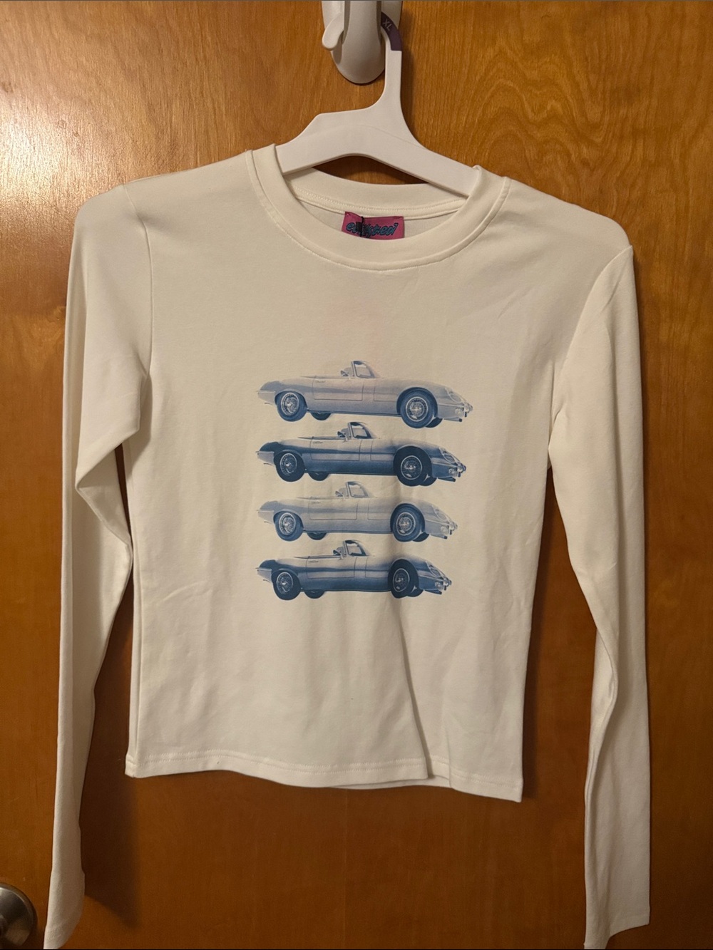 Edikted Cream Long-Sleeve Tee with Blue Car Stack
